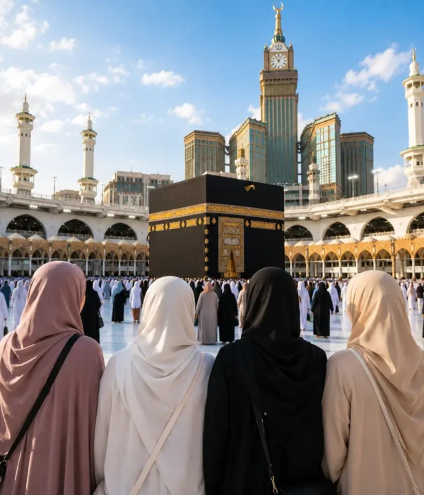 Women-Only Umrah Package featuring Makkah, Madinah, Kaaba, comfortable hotels and guided pilgrimage services.