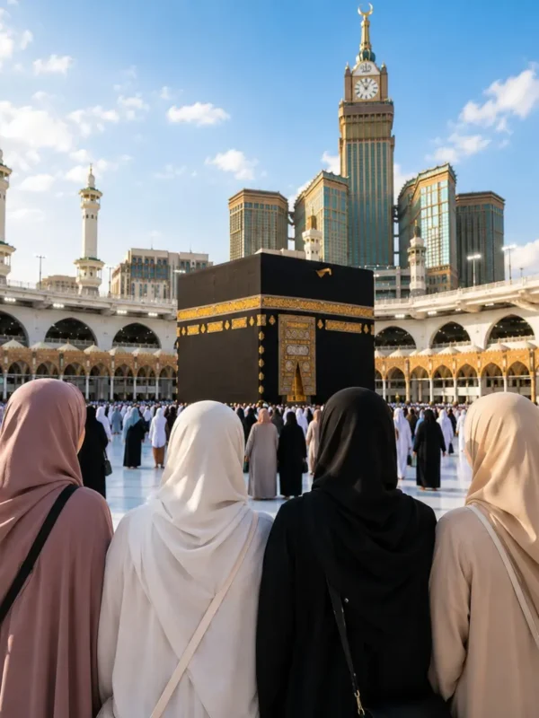 Women-Only Umrah Package featuring Makkah, Madinah, Kaaba, comfortable hotels and guided pilgrimage services.