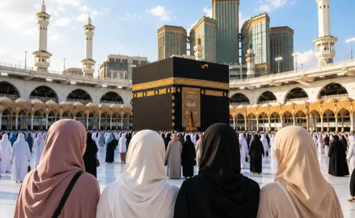 Women-Only Umrah Package featuring Makkah, Madinah, Kaaba, comfortable hotels and guided pilgrimage services.