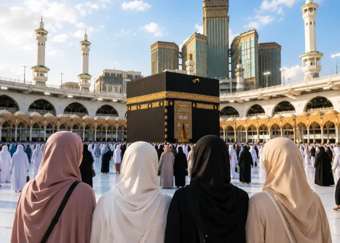 Women-Only Umrah Package featuring Makkah, Madinah, Kaaba, comfortable hotels and guided pilgrimage services.