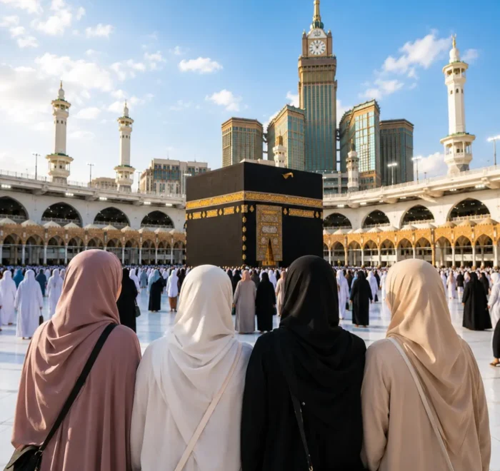 Women-Only Umrah Package featuring Makkah, Madinah, Kaaba, comfortable hotels and guided pilgrimage services.