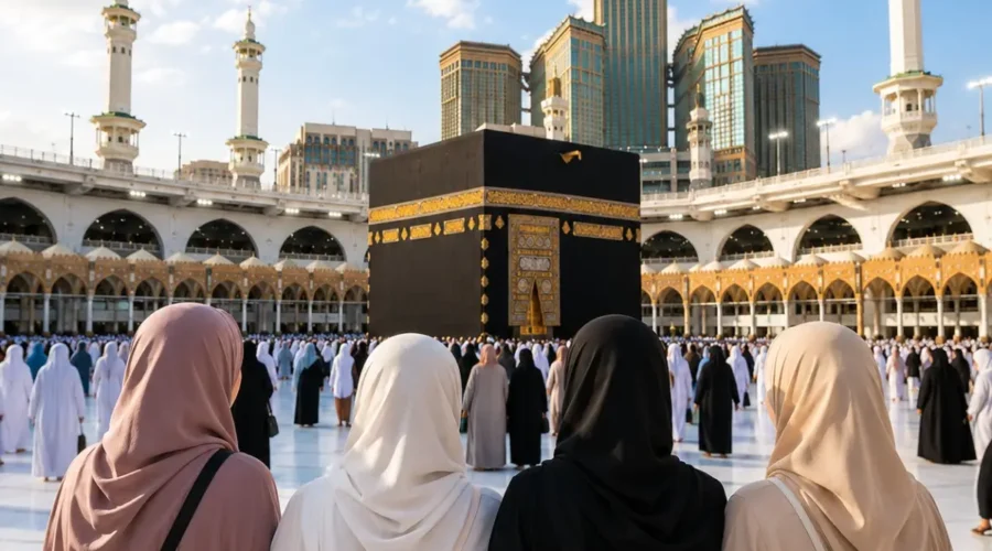 Women-Only Umrah Package featuring Makkah, Madinah, Kaaba, comfortable hotels and guided pilgrimage services.