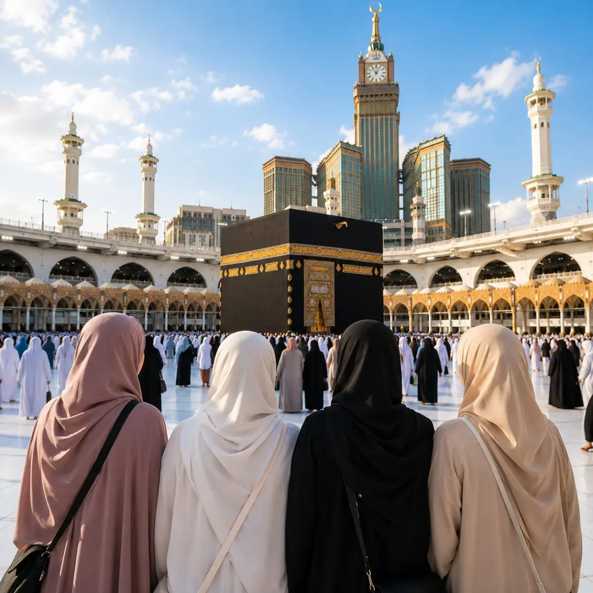 Women-Only Umrah Package featuring Makkah, Madinah, Kaaba, comfortable hotels and guided pilgrimage services.