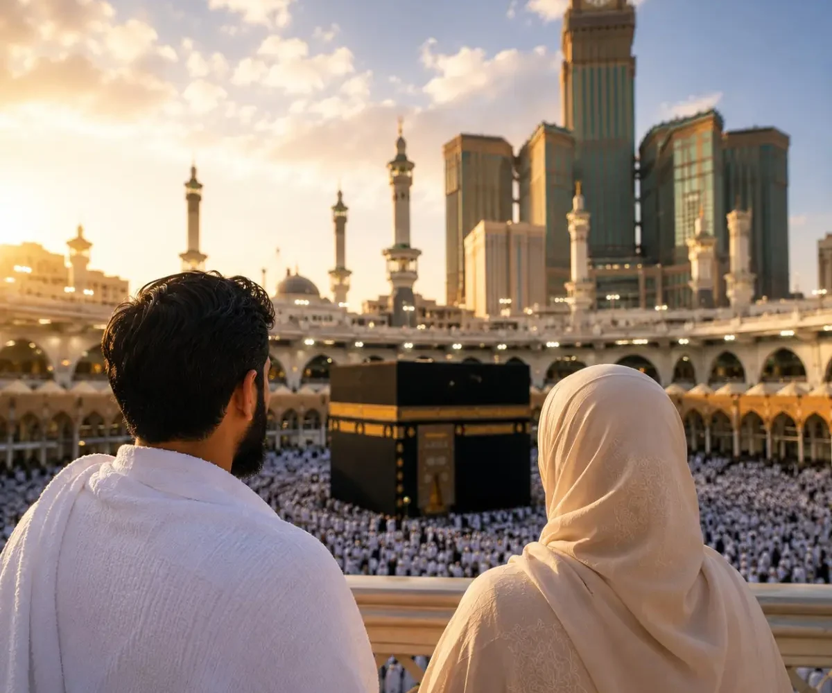 Umrah Package for Working Couples featuring Makkah, Madinah, Kaaba, comfortable hotels and hassle-free pilgrimage services.