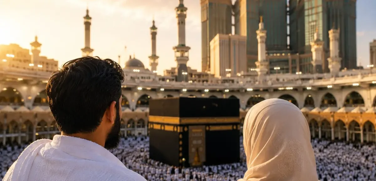 Umrah Package for Working Couples featuring Makkah, Madinah, Kaaba, comfortable hotels and hassle-free pilgrimage services.