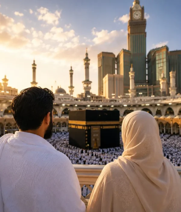 Umrah Package for Working Couples featuring Makkah, Madinah, Kaaba, comfortable hotels and hassle-free pilgrimage services.