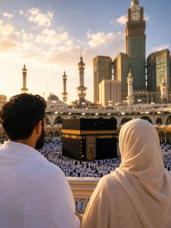 Umrah Package for Working Couples featuring Makkah, Madinah, Kaaba, comfortable hotels and hassle-free pilgrimage services.