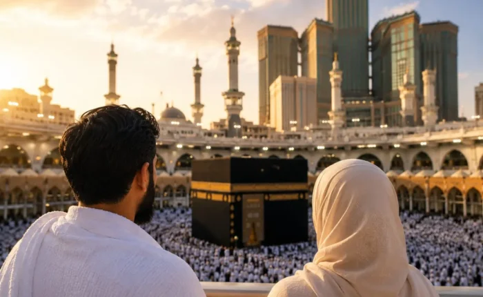 Umrah Package for Working Couples featuring Makkah, Madinah, Kaaba, comfortable hotels and hassle-free pilgrimage services.
