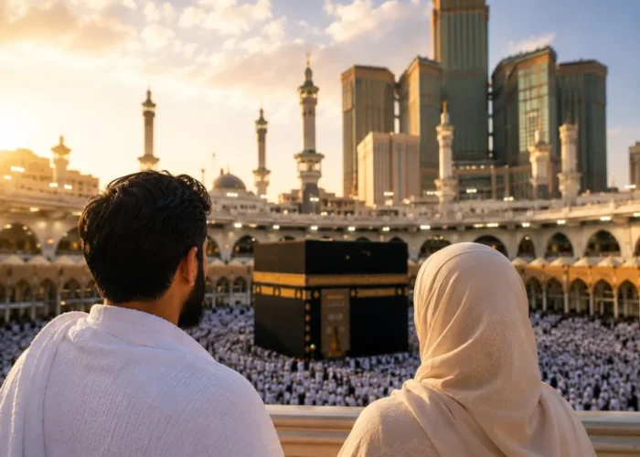 Umrah Package for Working Couples featuring Makkah, Madinah, Kaaba, comfortable hotels and hassle-free pilgrimage services.