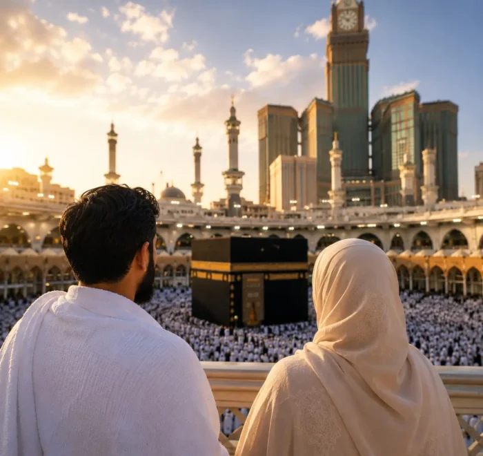 Umrah Package for Working Couples featuring Makkah, Madinah, Kaaba, comfortable hotels and hassle-free pilgrimage services.