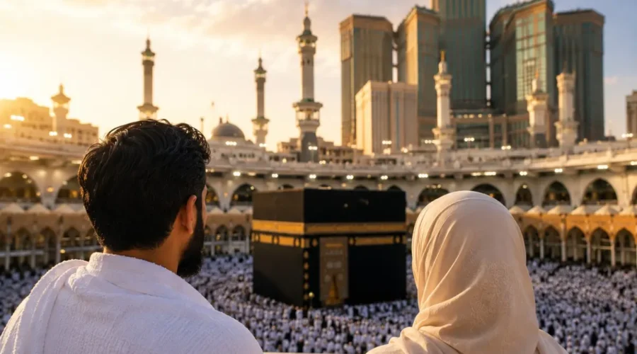 Umrah Package for Working Couples featuring Makkah, Madinah, Kaaba, comfortable hotels and hassle-free pilgrimage services.