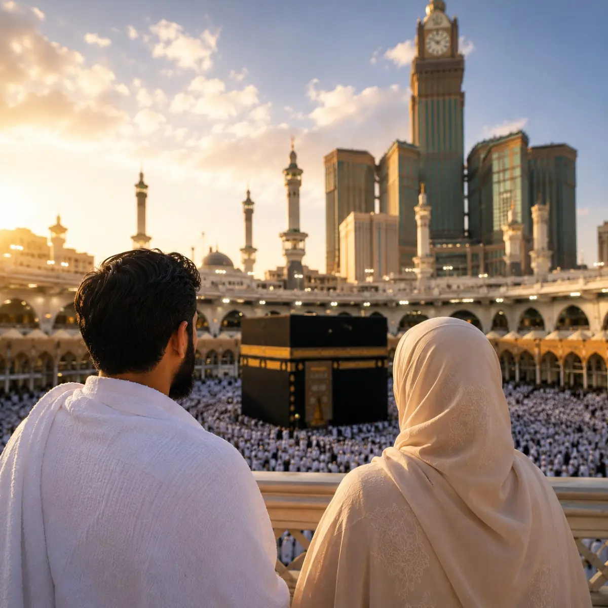 Umrah Package for Working Couples featuring Makkah, Madinah, Kaaba, comfortable hotels and hassle-free pilgrimage services.