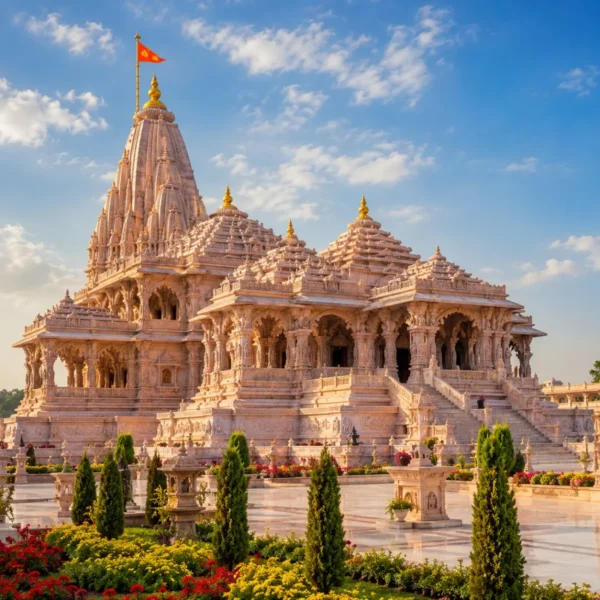Varanasi–Ayodhya Temple Tour Package featuring Kashi Vishwanath Temple, Shri Ram Janmabhoomi Mandir, Ganga Aarti, Sarnath and spiritual experiences.