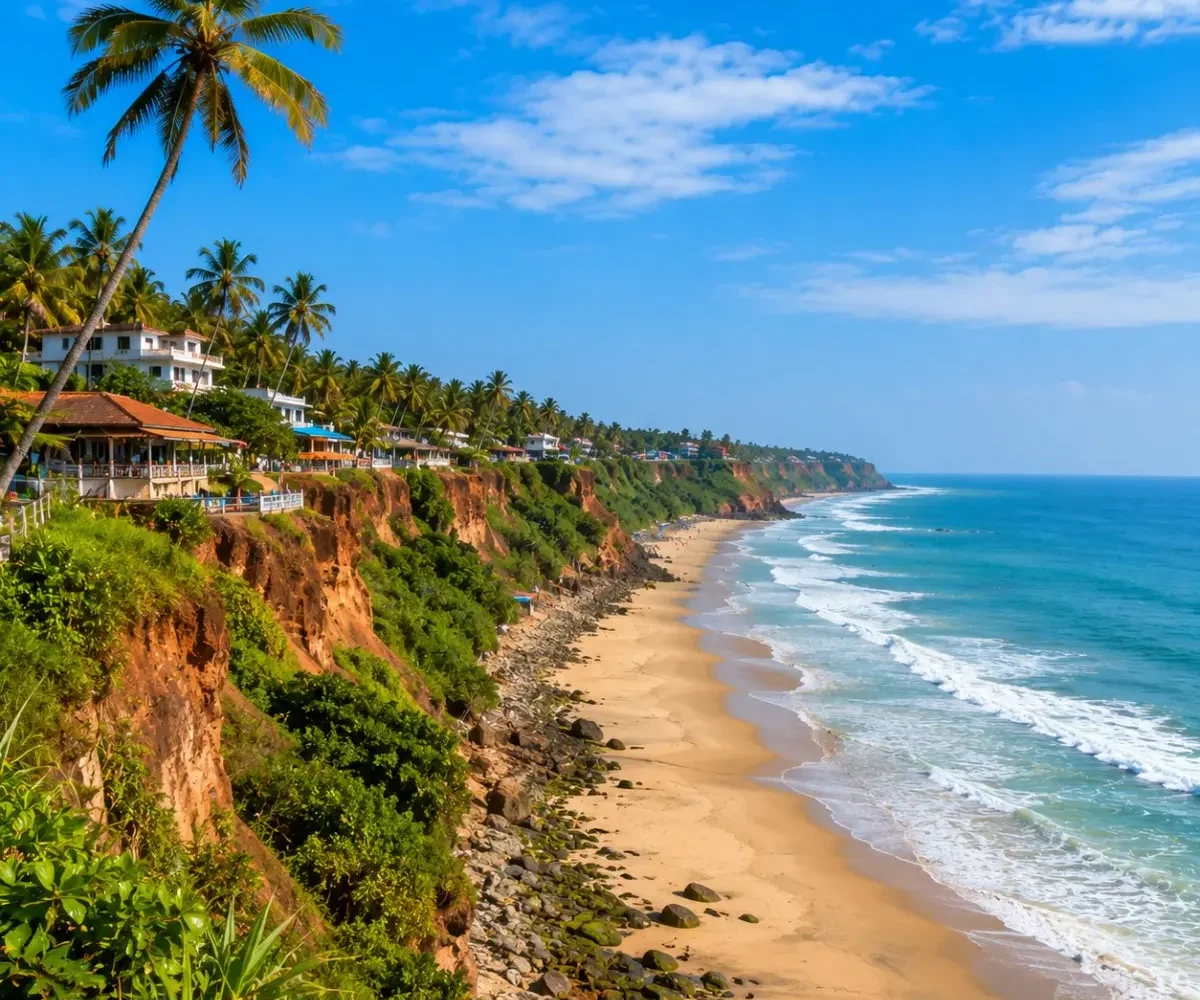 Varkala Cliff Beach Tour Package featuring Varkala Cliff, Papanasam Beach, Arabian Sea views, cliffside cafés and Kerala coastal landscapes.