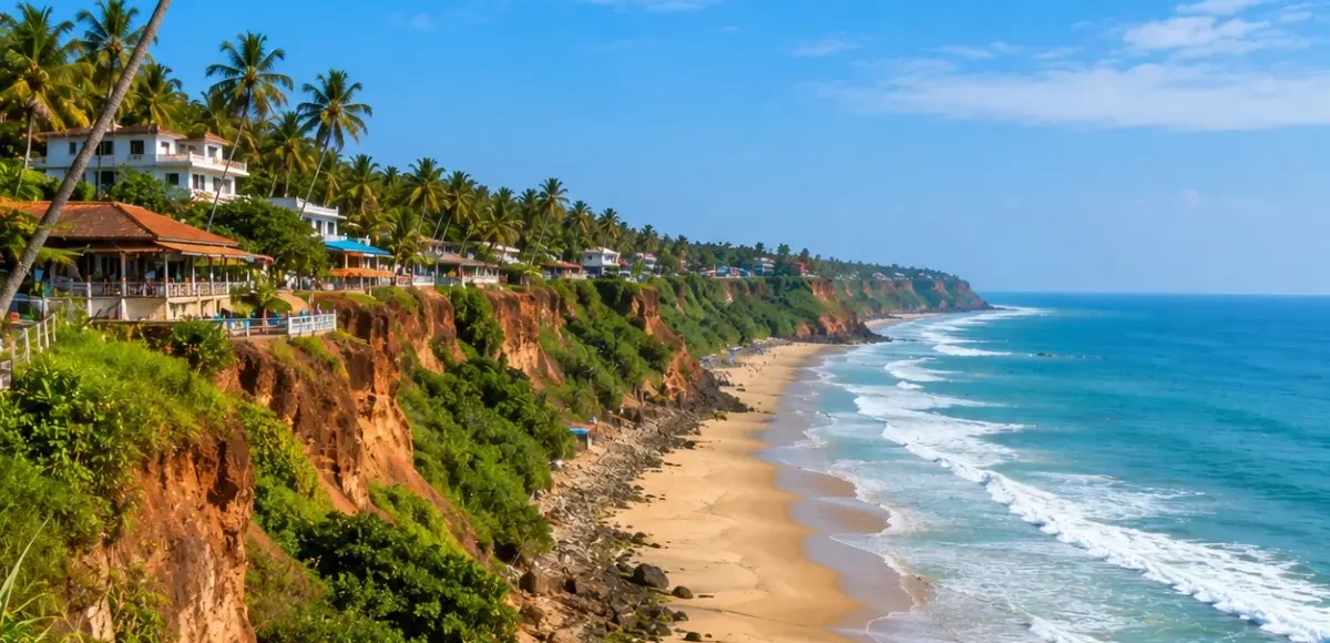 Varkala Cliff Beach Tour Package featuring Varkala Cliff, Papanasam Beach, Arabian Sea views, cliffside cafés and Kerala coastal landscapes.