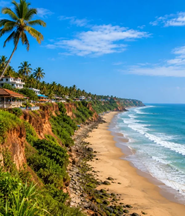 Varkala Cliff Beach Tour Package featuring Varkala Cliff, Papanasam Beach, Arabian Sea views, cliffside cafés and Kerala coastal landscapes.