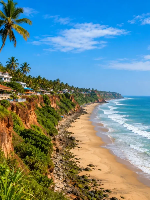 Varkala Cliff Beach Tour Package featuring Varkala Cliff, Papanasam Beach, Arabian Sea views, cliffside cafés and Kerala coastal landscapes.