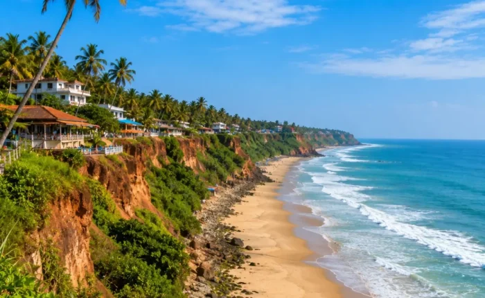 Varkala Cliff Beach Tour Package featuring Varkala Cliff, Papanasam Beach, Arabian Sea views, cliffside cafés and Kerala coastal landscapes.