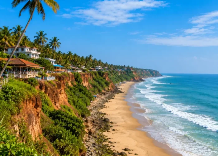 Varkala Cliff Beach Tour Package featuring Varkala Cliff, Papanasam Beach, Arabian Sea views, cliffside cafés and Kerala coastal landscapes.