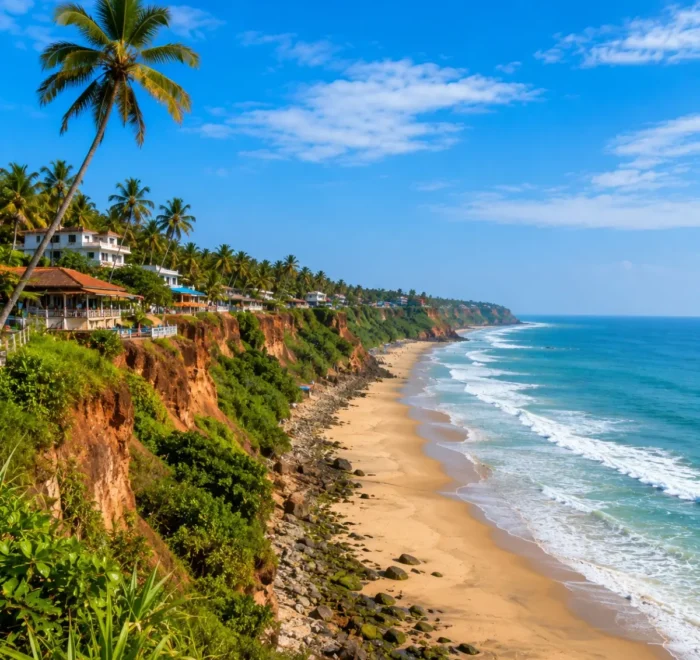 Varkala Cliff Beach Tour Package featuring Varkala Cliff, Papanasam Beach, Arabian Sea views, cliffside cafés and Kerala coastal landscapes.