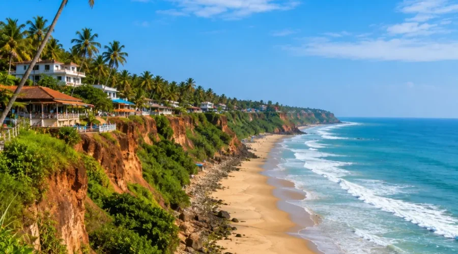 Varkala Cliff Beach Tour Package featuring Varkala Cliff, Papanasam Beach, Arabian Sea views, cliffside cafés and Kerala coastal landscapes.