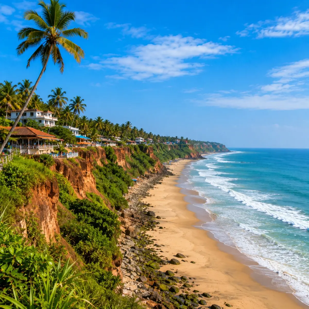 Varkala Cliff Beach Tour Package featuring Varkala Cliff, Papanasam Beach, Arabian Sea views, cliffside cafés and Kerala coastal landscapes.
