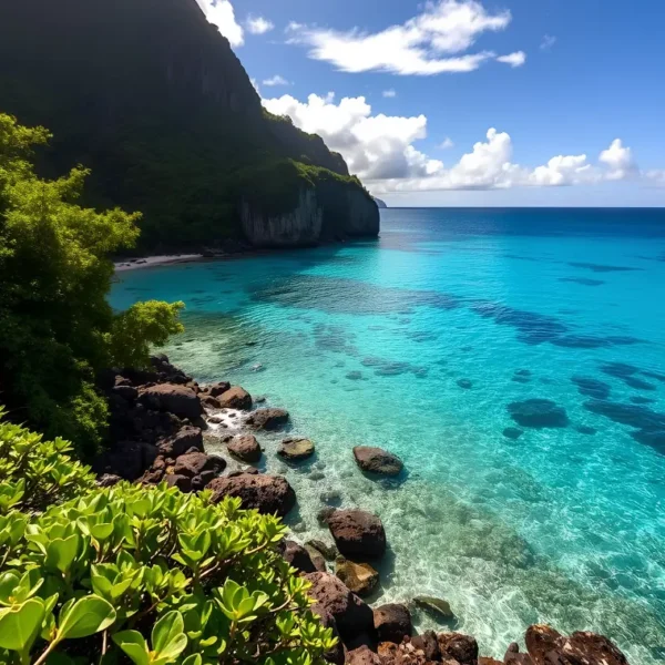 Tropical island travel image featuring crystal-clear turquoise water, rocky shoreline, lush green cliffs, blue sky, and peaceful coastal scenery.