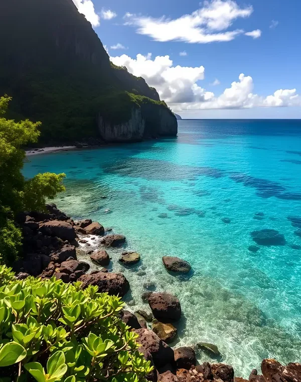 Tropical island travel image featuring crystal-clear turquoise water, rocky shoreline, lush green cliffs, blue sky, and peaceful coastal scenery.