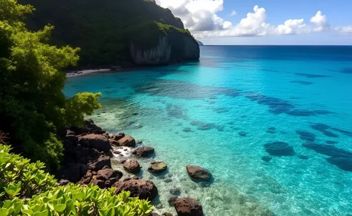 Tropical island travel image featuring crystal-clear turquoise water, rocky shoreline, lush green cliffs, blue sky, and peaceful coastal scenery.