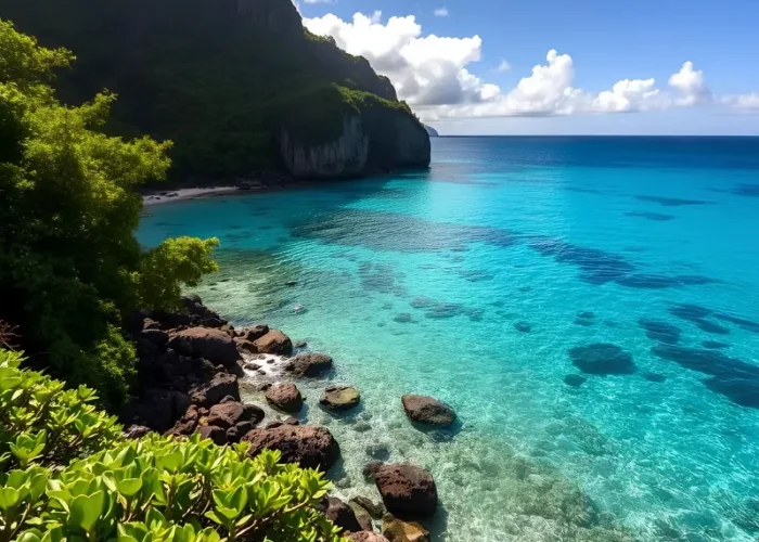 Tropical island travel image featuring crystal-clear turquoise water, rocky shoreline, lush green cliffs, blue sky, and peaceful coastal scenery.
