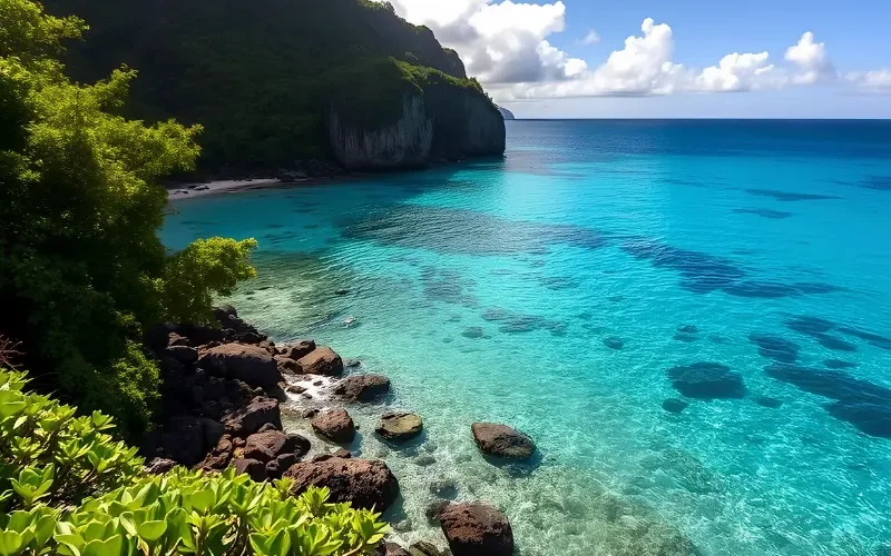 Tropical island travel image featuring crystal-clear turquoise water, rocky shoreline, lush green cliffs, blue sky, and peaceful coastal scenery.