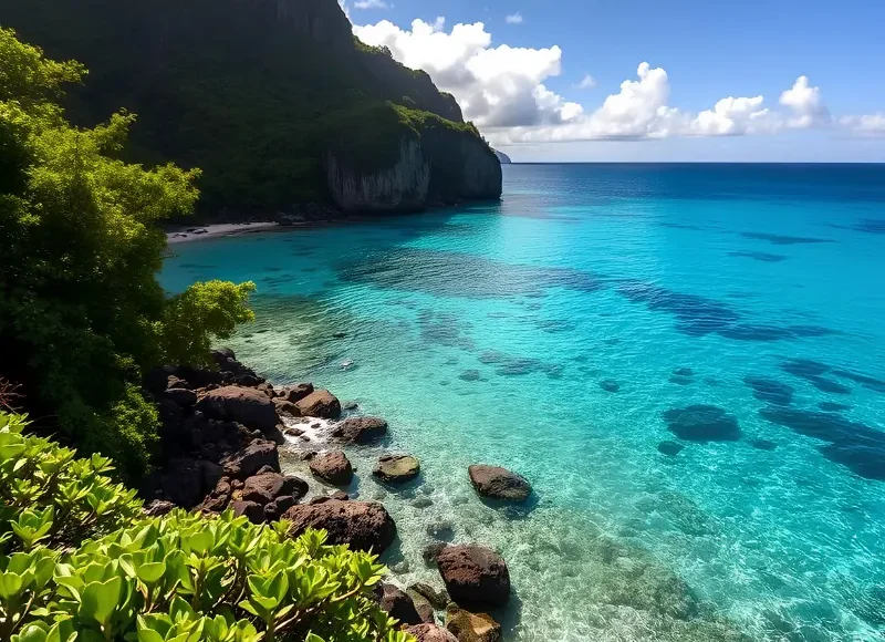 Tropical island travel image featuring crystal-clear turquoise water, rocky shoreline, lush green cliffs, blue sky, and peaceful coastal scenery.