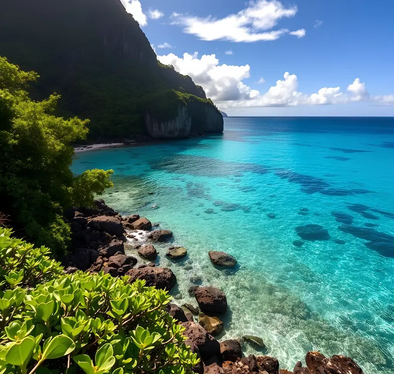 Tropical island travel image featuring crystal-clear turquoise water, rocky shoreline, lush green cliffs, blue sky, and peaceful coastal scenery.