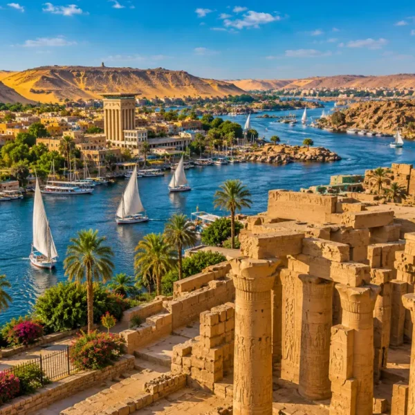 Bright daytime view of Aswan Egypt with Nile River, felucca sailboats, ancient ruins, palm trees, and desert hills.