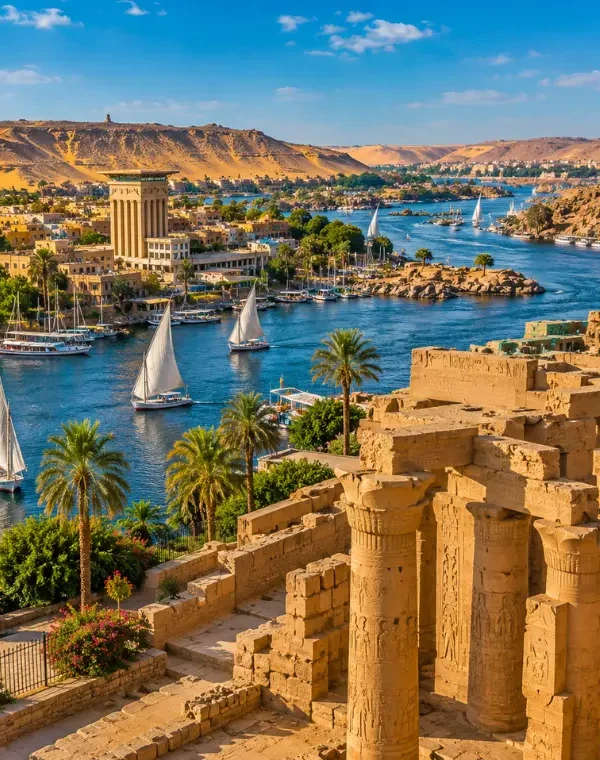 Bright daytime view of Aswan Egypt with Nile River, felucca sailboats, ancient ruins, palm trees, and desert hills.