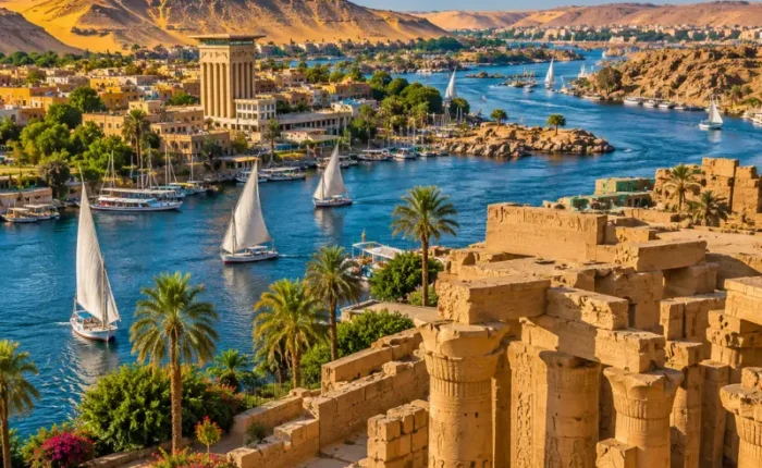 Bright daytime view of Aswan Egypt with Nile River, felucca sailboats, ancient ruins, palm trees, and desert hills.