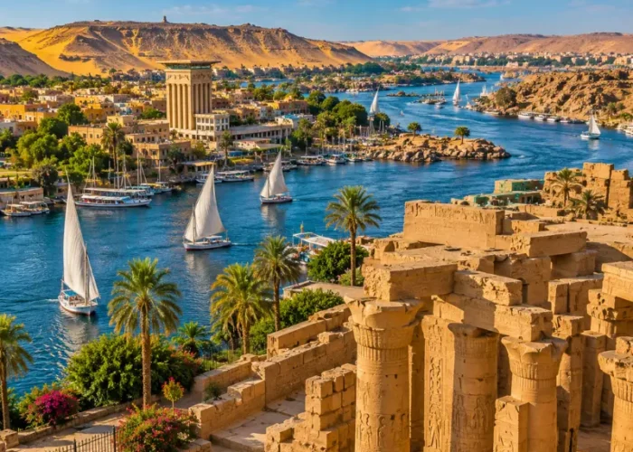 Bright daytime view of Aswan Egypt with Nile River, felucca sailboats, ancient ruins, palm trees, and desert hills.
