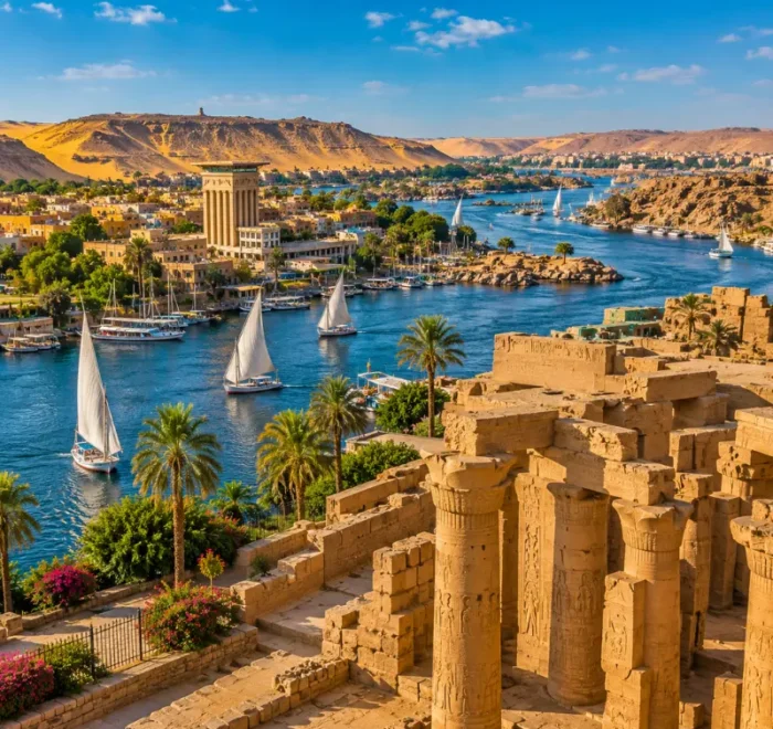 Bright daytime view of Aswan Egypt with Nile River, felucca sailboats, ancient ruins, palm trees, and desert hills.