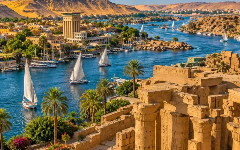 Bright daytime view of Aswan Egypt with Nile River, felucca sailboats, ancient ruins, palm trees, and desert hills.