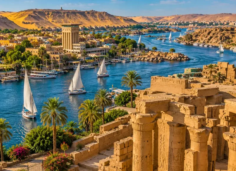 Bright daytime view of Aswan Egypt with Nile River, felucca sailboats, ancient ruins, palm trees, and desert hills.