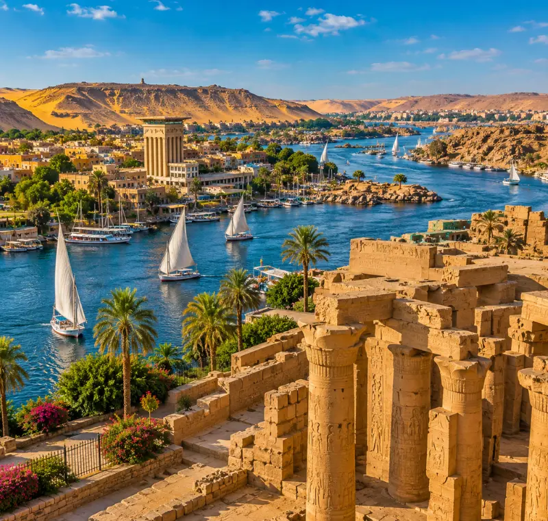 Bright daytime view of Aswan Egypt with Nile River, felucca sailboats, ancient ruins, palm trees, and desert hills.