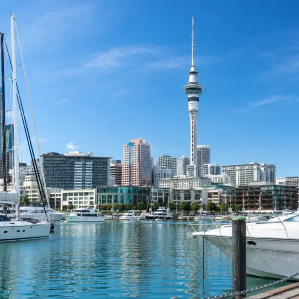 Bright daytime view of Auckland waterfront with Sky Tower, modern skyline, luxury yachts, and calm marina waters.