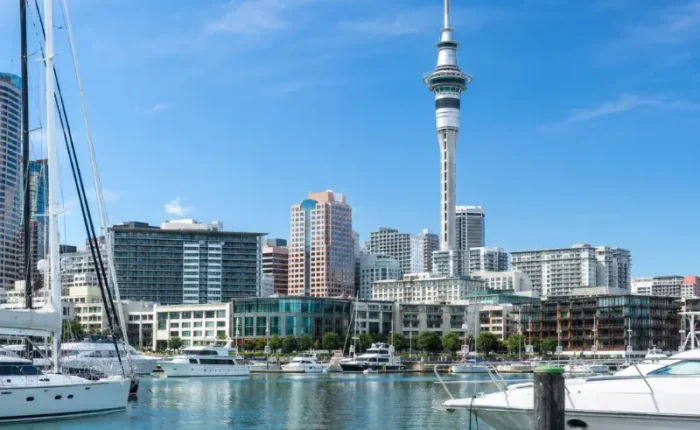 Bright daytime view of Auckland waterfront with Sky Tower, modern skyline, luxury yachts, and calm marina waters.