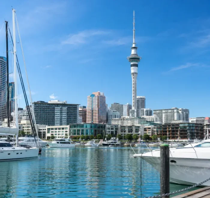 Bright daytime view of Auckland waterfront with Sky Tower, modern skyline, luxury yachts, and calm marina waters.