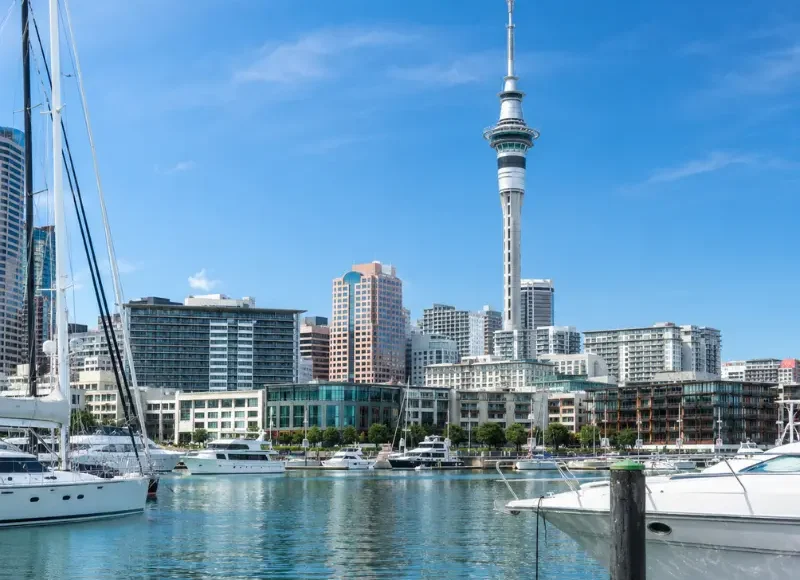 Bright daytime view of Auckland waterfront with Sky Tower, modern skyline, luxury yachts, and calm marina waters.