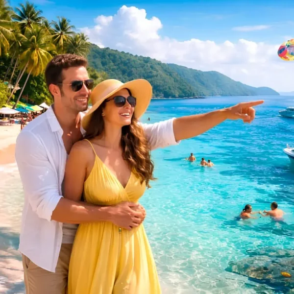 Romantic Andaman honeymoon couple enjoying crystal clear beach, island views, boat ride and tropical holiday vibes