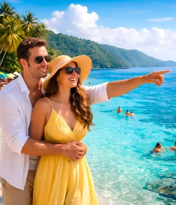Romantic Andaman honeymoon couple enjoying crystal clear beach, island views, boat ride and tropical holiday vibes