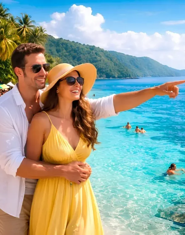 Romantic Andaman honeymoon couple enjoying crystal clear beach, island views, boat ride and tropical holiday vibes