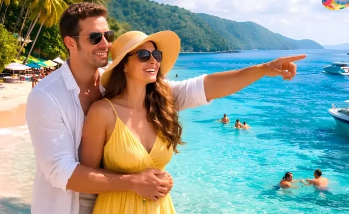 Romantic Andaman honeymoon couple enjoying crystal clear beach, island views, boat ride and tropical holiday vibes
