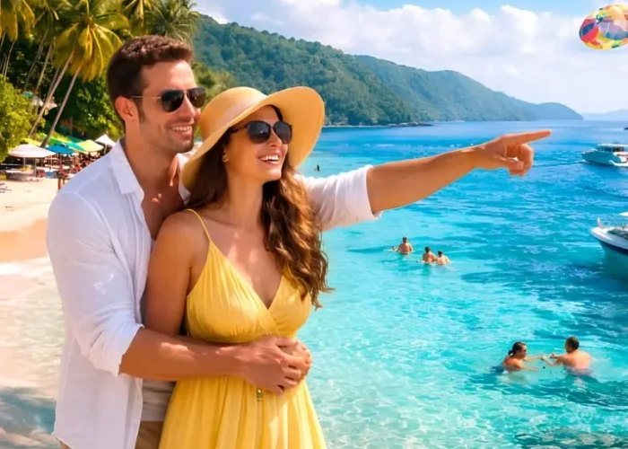 Romantic Andaman honeymoon couple enjoying crystal clear beach, island views, boat ride and tropical holiday vibes